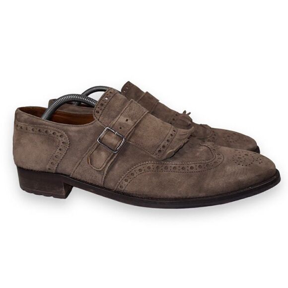 Lottusse Plomo Suede Monk‎ Strap Kiltie Wingtip Loafers Brown L7128 Men\'s 9.5